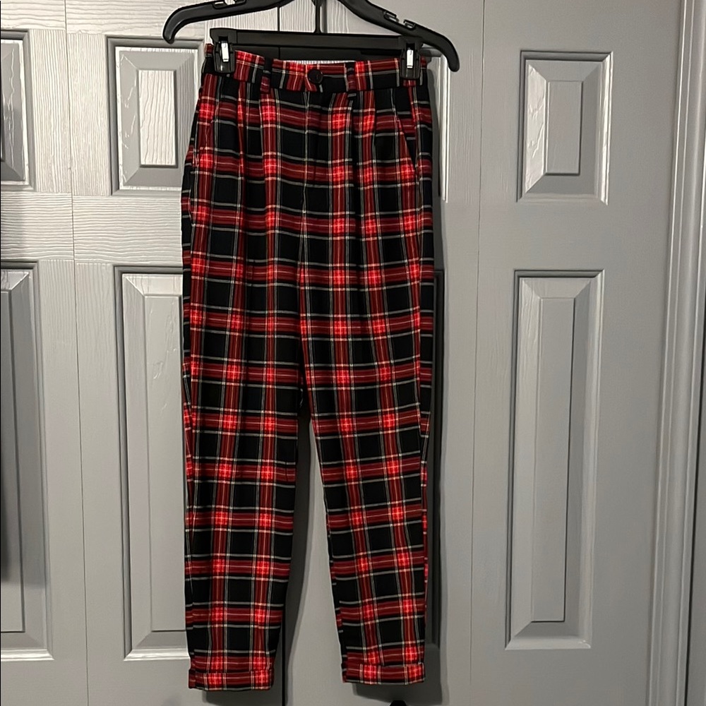 Bershka Red and Black Plaid Women's Pants